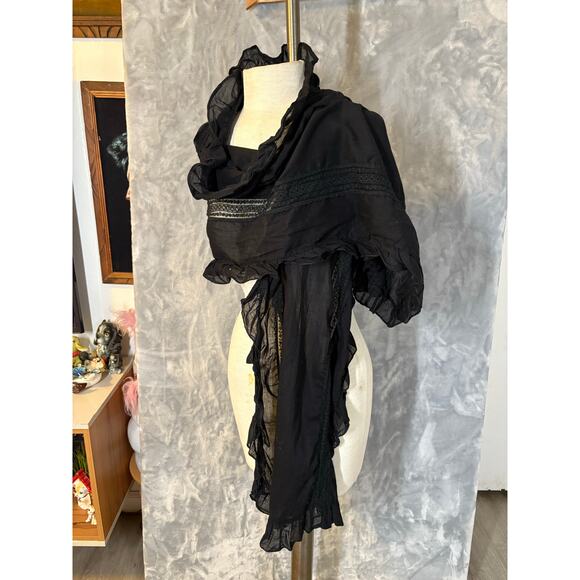 Black Ruffle Victorian Edwardian Whimsygoth Scarf Lace Goth Witchy Wrap 0S Shawl - Picture 2 of 8